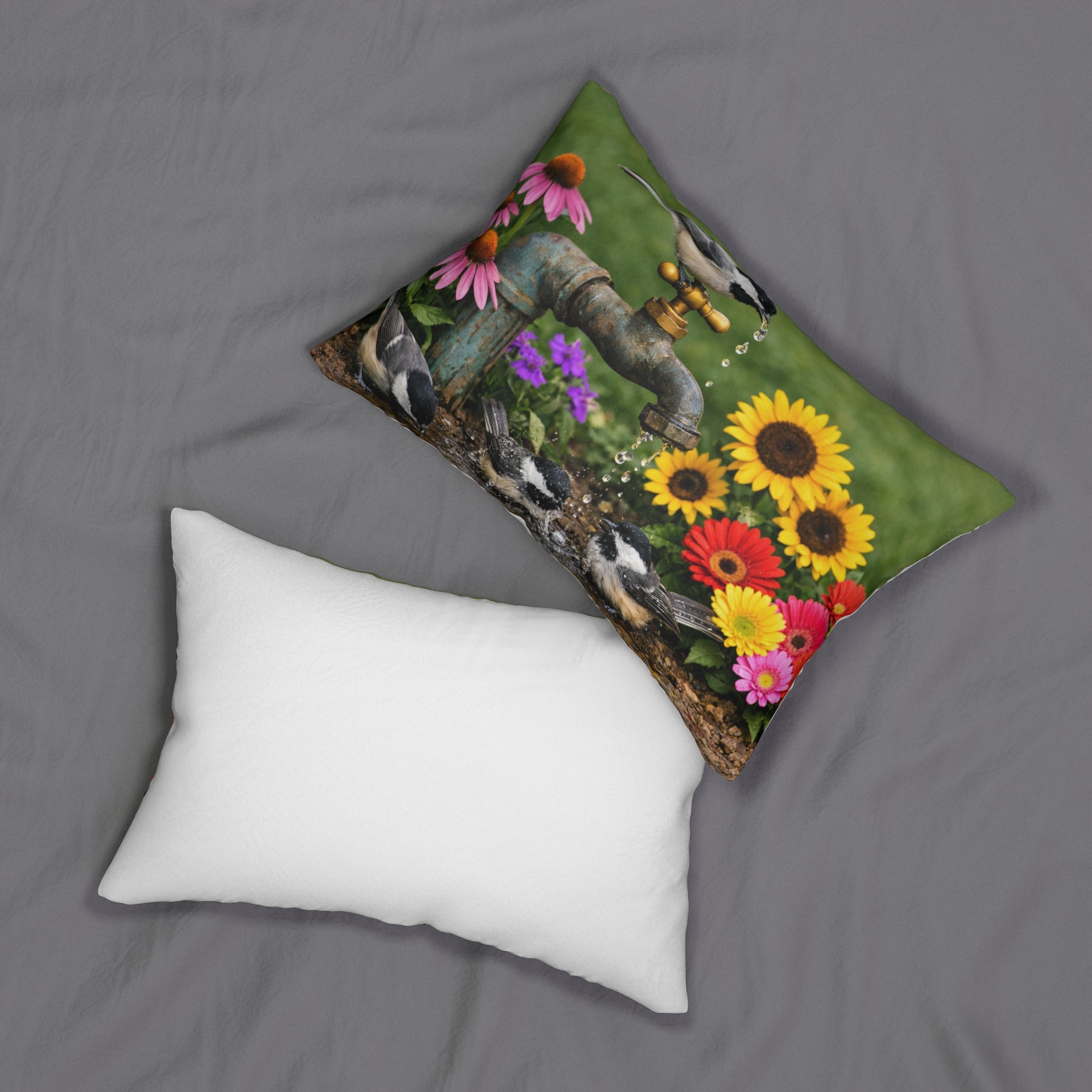 Chickadees at Garden Faucet Lumbar Pillow | Sunflowers & Coneflowers