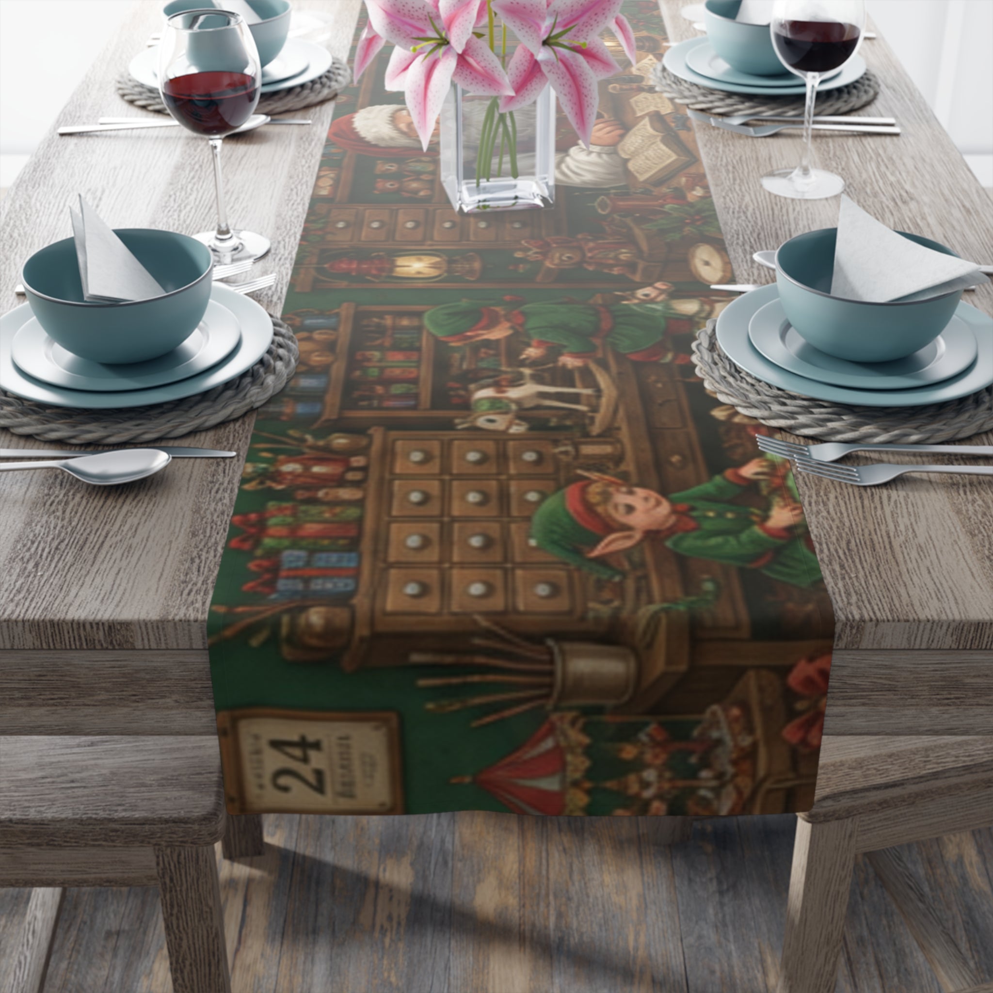 Santas Workshop Scene Table Runner | Santa, Elves & Reindeer Holiday Decor