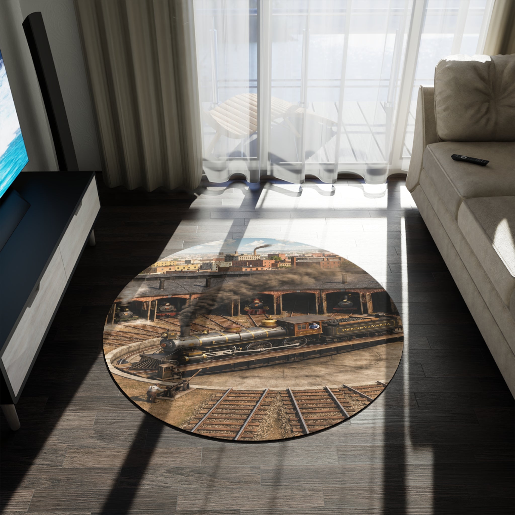 Train Yard Round Rug, Kids Playroom Railroad Pattern Rug | Nursery Floor Mat