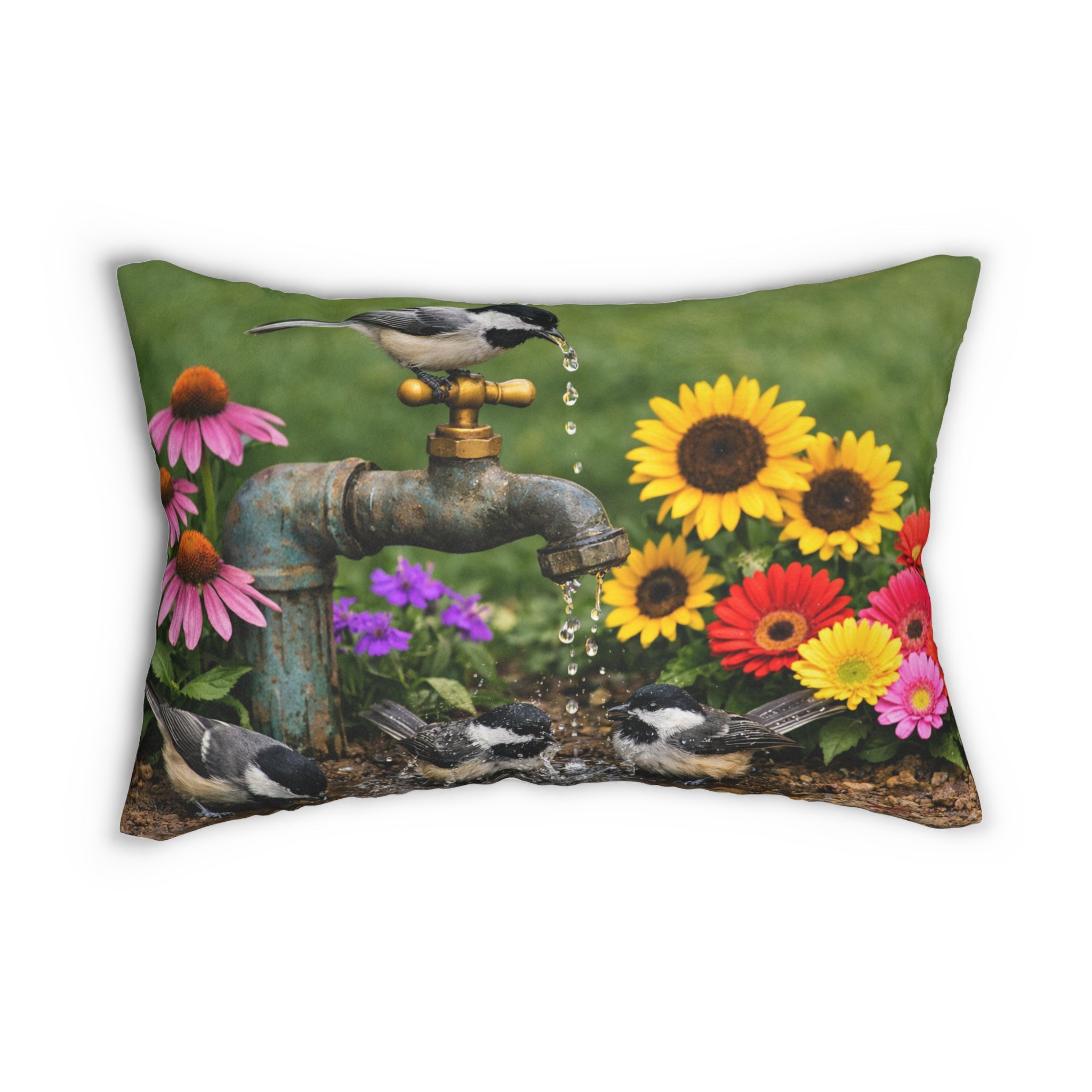 Chickadees at Garden Faucet Lumbar Pillow | Sunflowers & Coneflowers
