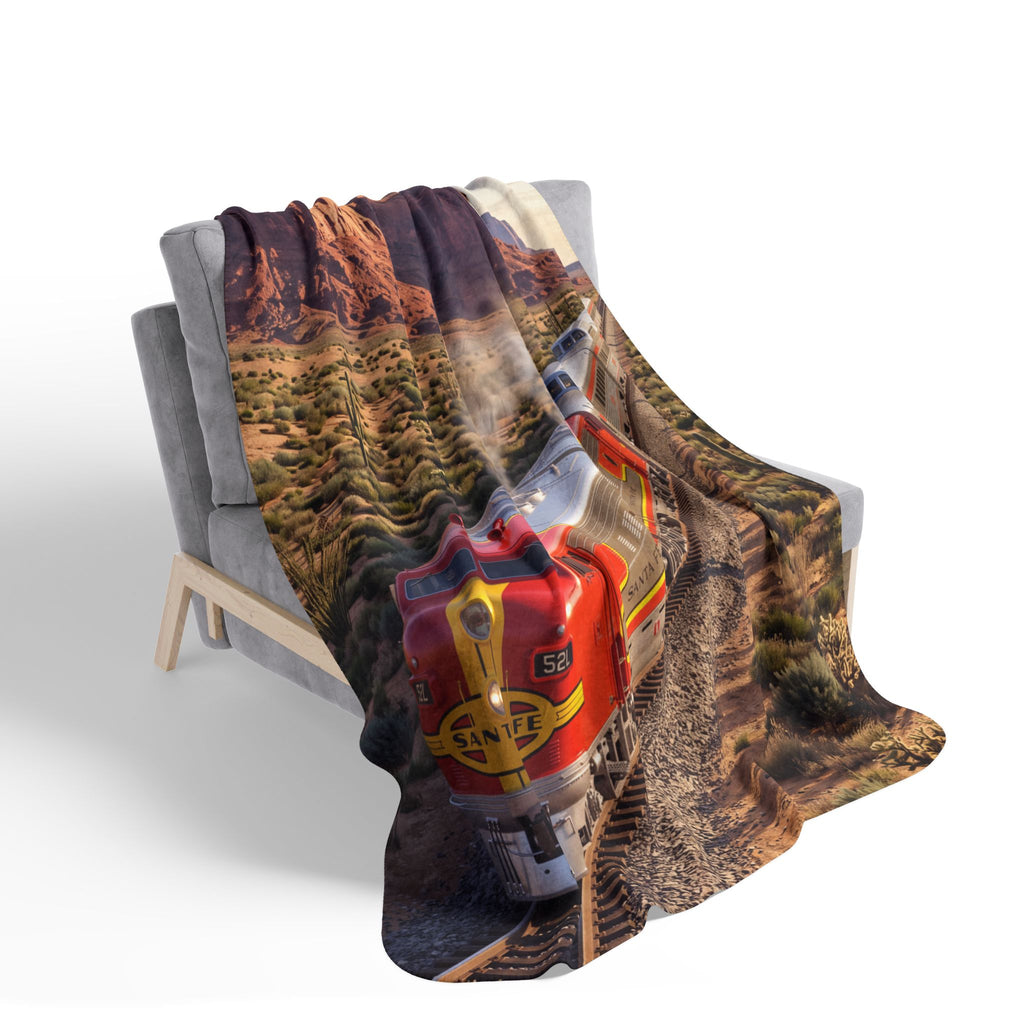 Classic Red Locomotive Fleece Sherpa Blanket | Desert Canyon Train Scene