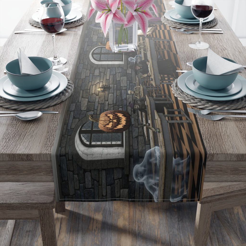 Haunted Library Table Runner | Shadowed Books, Vintage Bottles & Gothic Scene – Halloween Decor