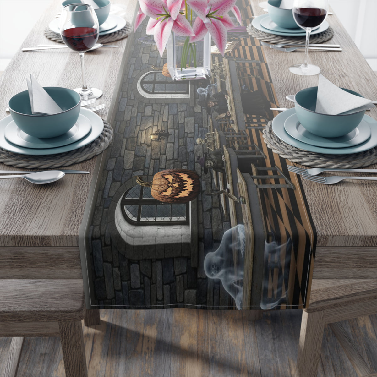 Haunted Library Table Runner | Shadowed Books, Vintage Bottles & Gothic Scene – Halloween Decor