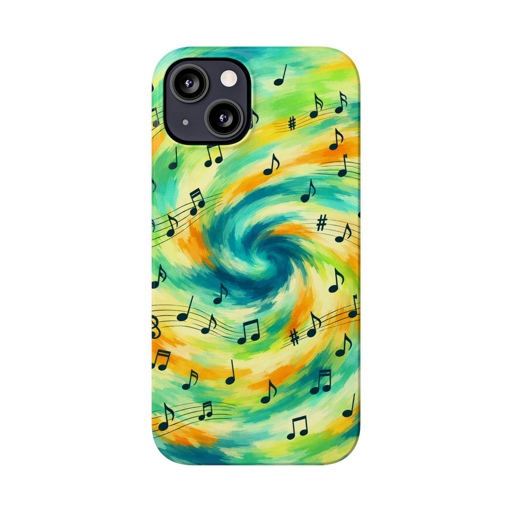 Music Notes Swirl Slim Phone Case | Colorful Turquoise Yellow Galaxy