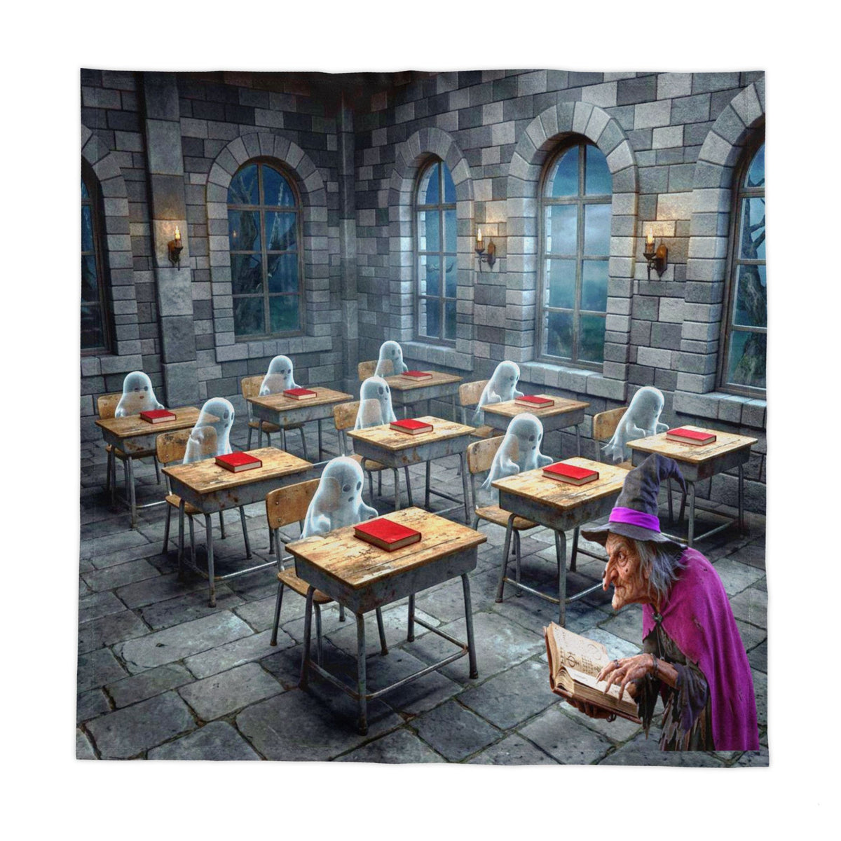 Haunted Library Tablecloth | Ghostly Students & Witch – Halloween Table Decor