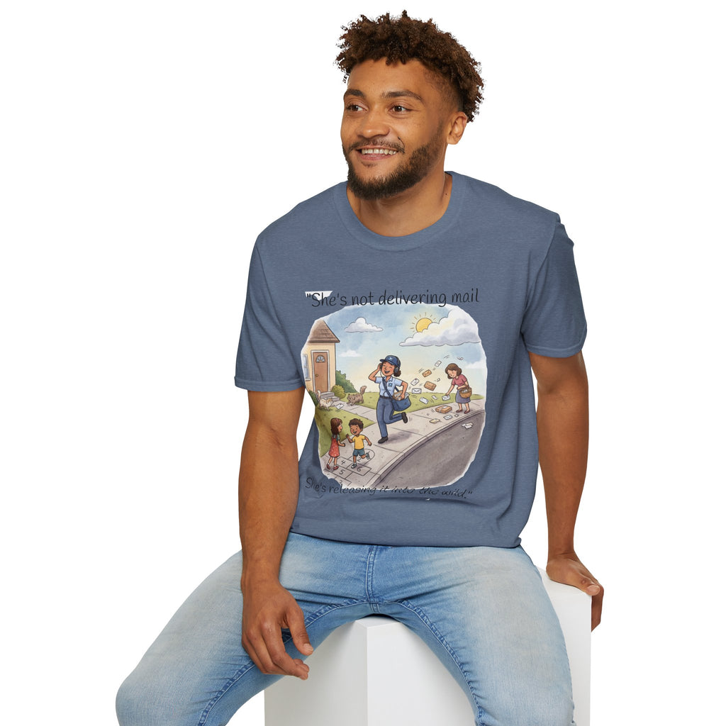 T‑Shirt – "She’s not delivering mail, she’s delivering a little wind" Cute Postal Worker Illustration Tee