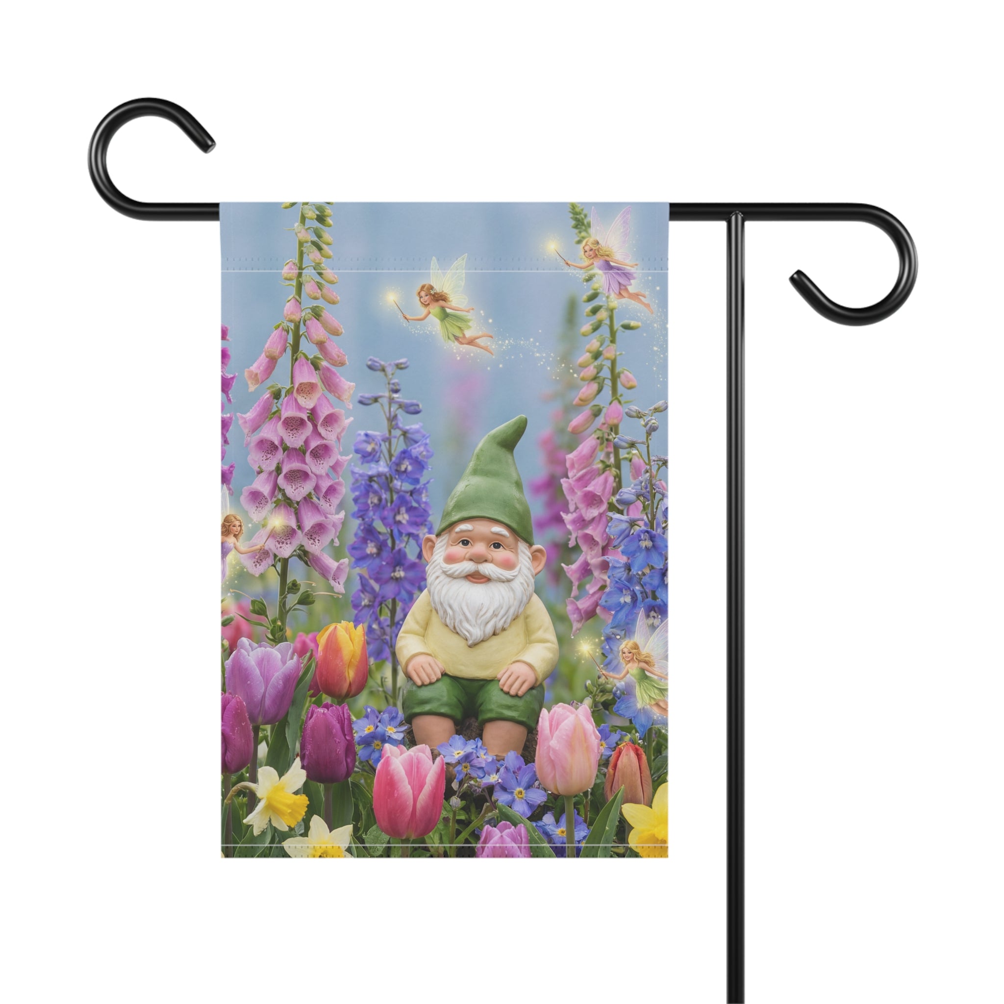 Gnome in Tulip Garden Banner | Garden Flag, Spring Floral Yard Decor
