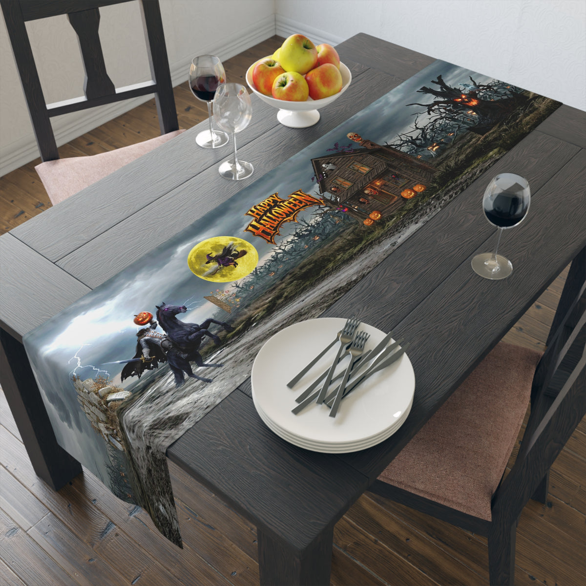 Headless Horseman Table Runner | Witch, Moonlit Haunted House – Halloween Gothic Decor