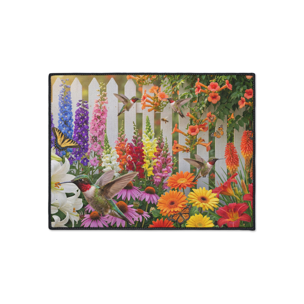 Hummingbirds and Wildflowers Floor Mat | Garden Fence Floral Doormat