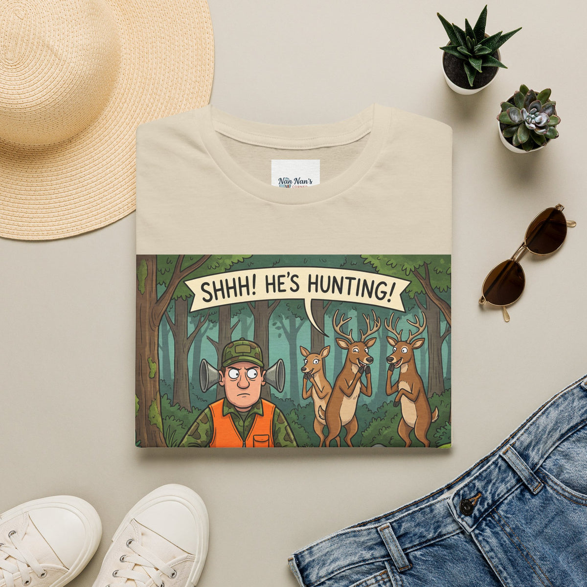 Shhh He's Hunting Unisex Graphic T-Shirt – Novelty Hunter Cotton Tee