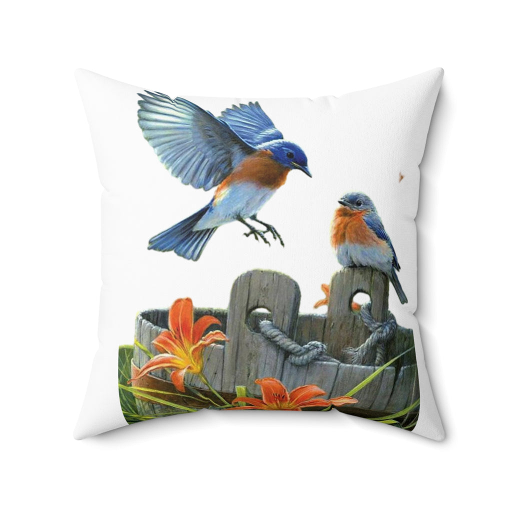 Bluebird Decorative Pillow / Garden Birds & Orange Lily Floral Throw Pillow