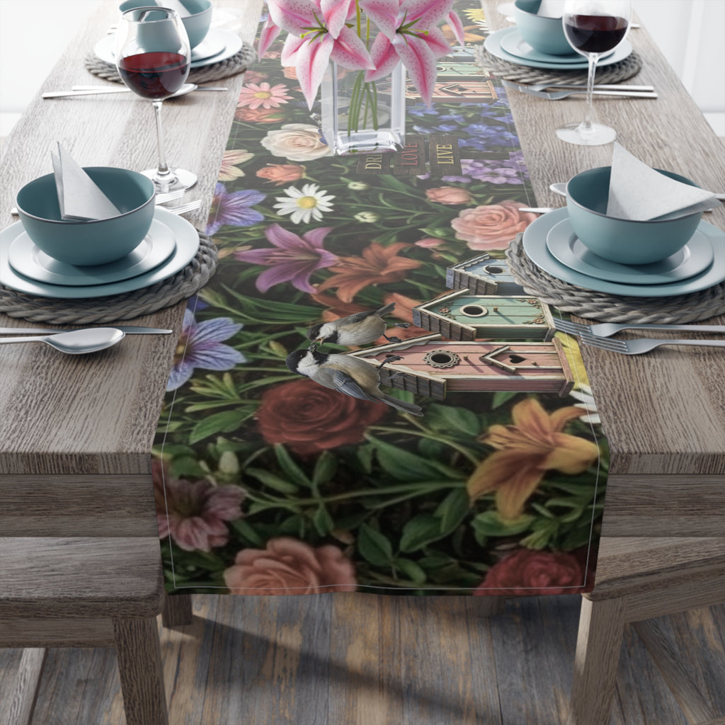 Floral Garden Birds Table Runner | Cottage Garden Birdhouse & Floral Decor