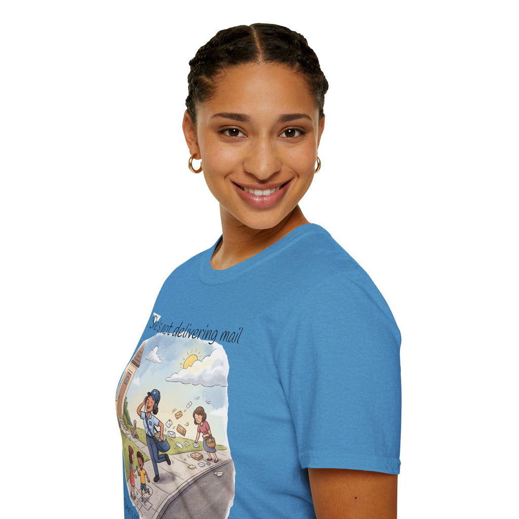 T‑Shirt – "She’s not delivering mail, she’s delivering a little wind" Cute Postal Worker Illustration Tee