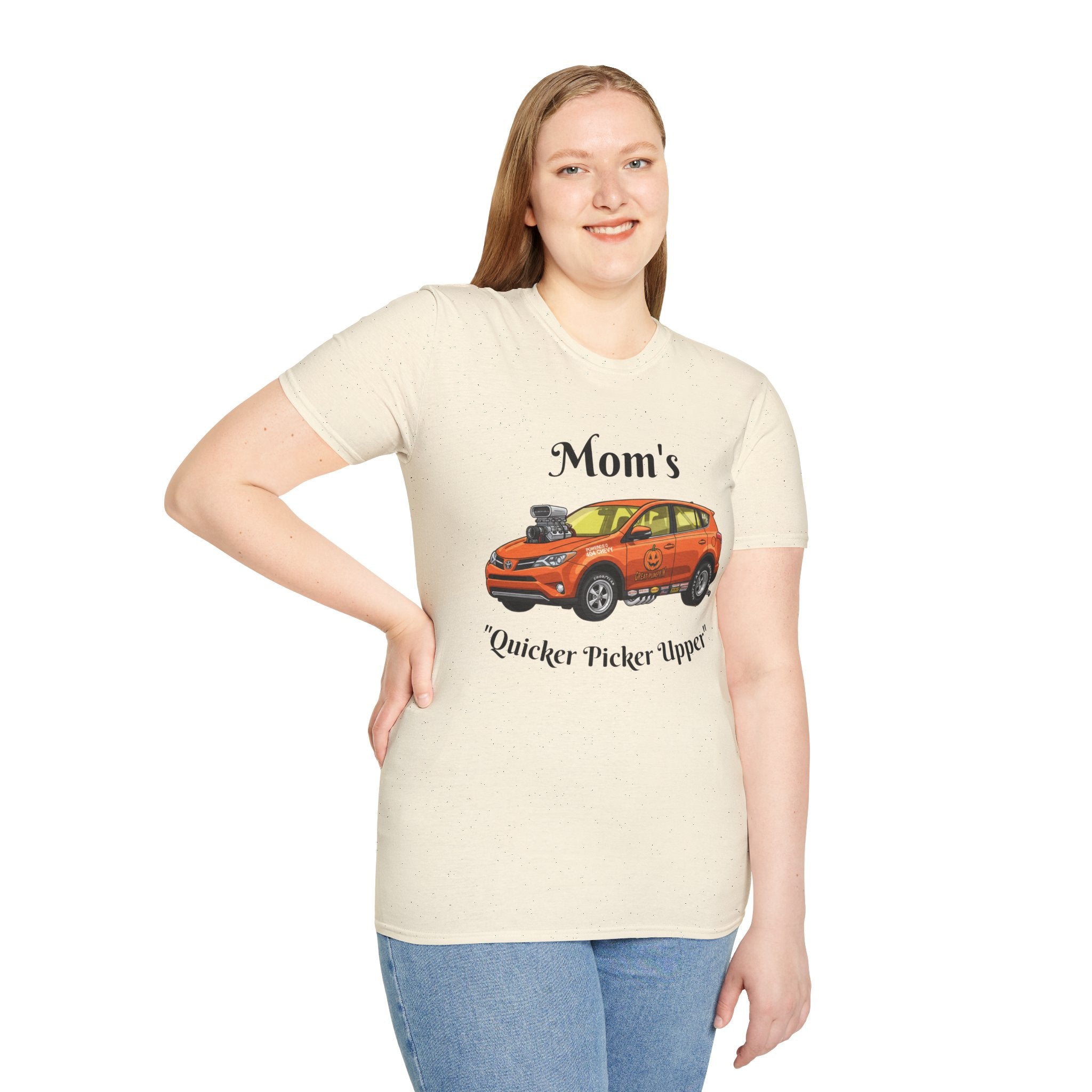 Car Enthusiast T-Shirt — Orange Hot Rod SUV Graphic with “Quicker Picker Upper”