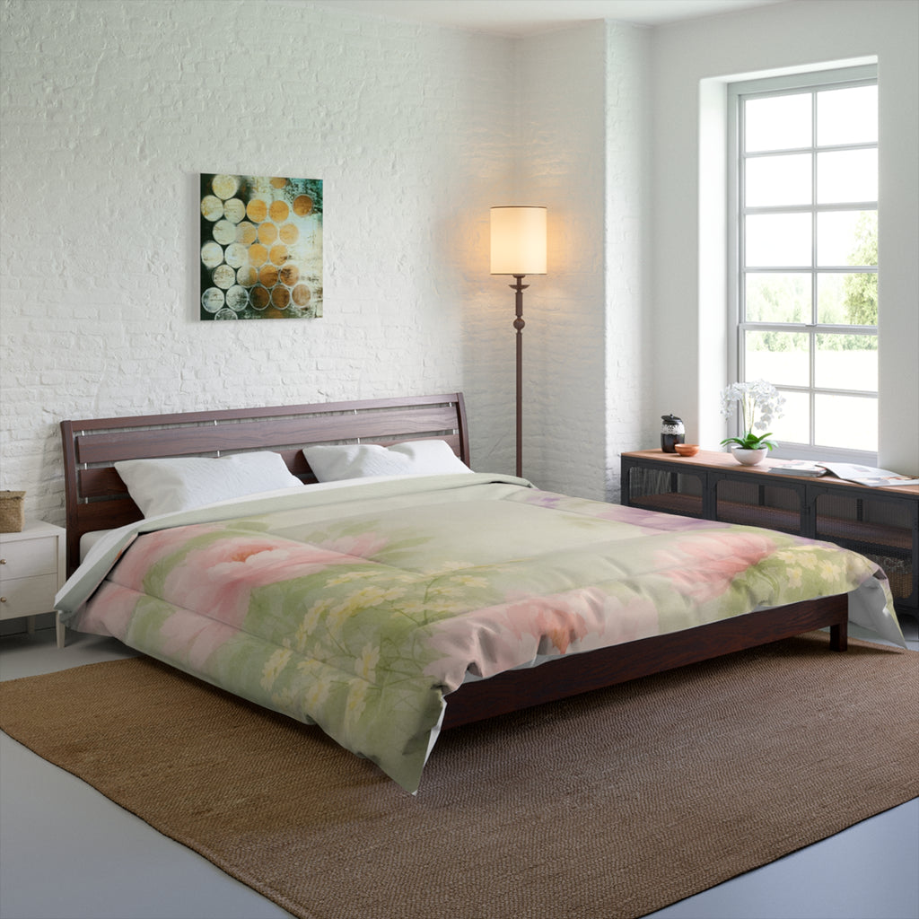 Watercolor Floral Comforter | Pink Peonies, Soft Green Background