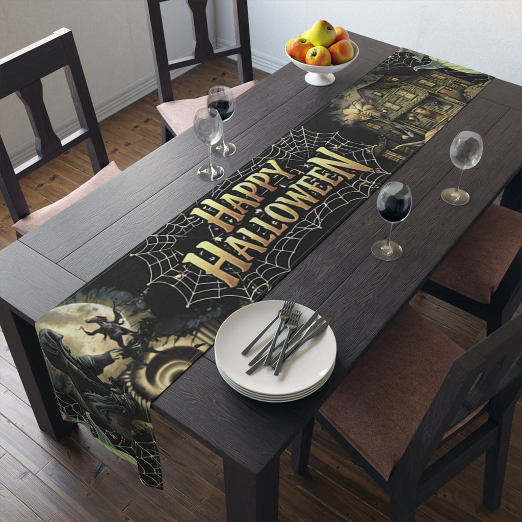 Halloween Spiderweb Table Runner | Full Moon, Bats & Vintage Illustration – Spooky Table Decor