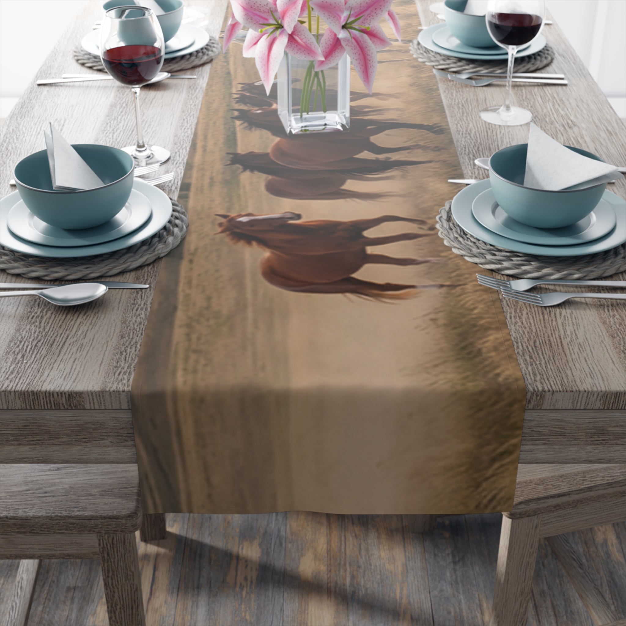 Horse Herd Table Runner - Rustic Galloping Horses Cotton-Poly Dining Decor