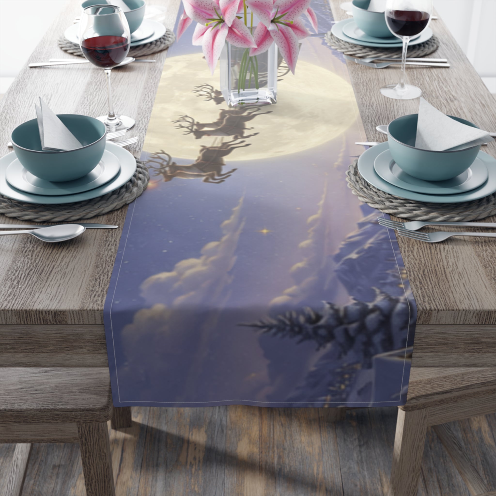 Santa and Reindeer Moonlit Scene Table Runner