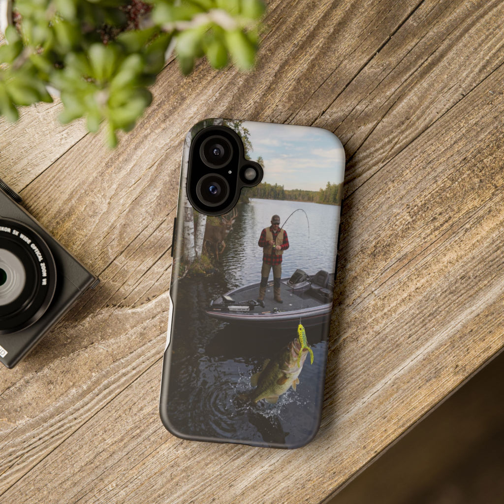 Fisherman Catching Bass phone case | Fishing lake photo phone case