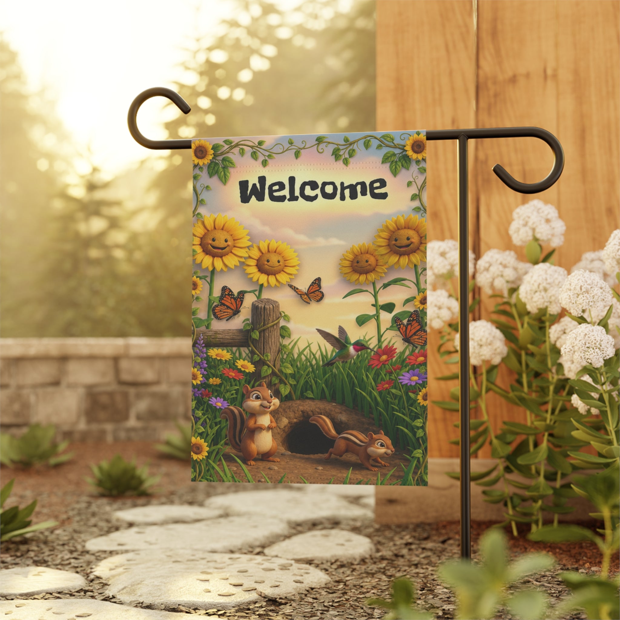Chipmunks & Sunflowers Welcome Banner flag | Garden House Porch Decor