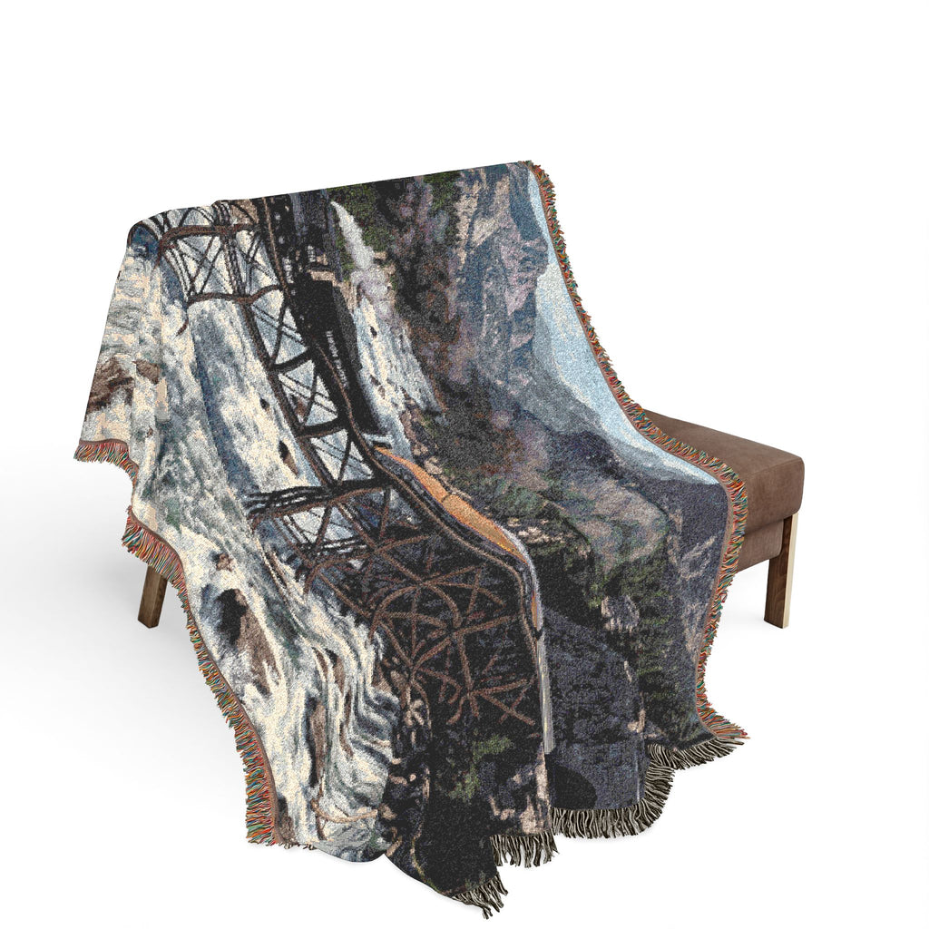 Mountain Train Landscape Woven Blanket | Scenic River Throw