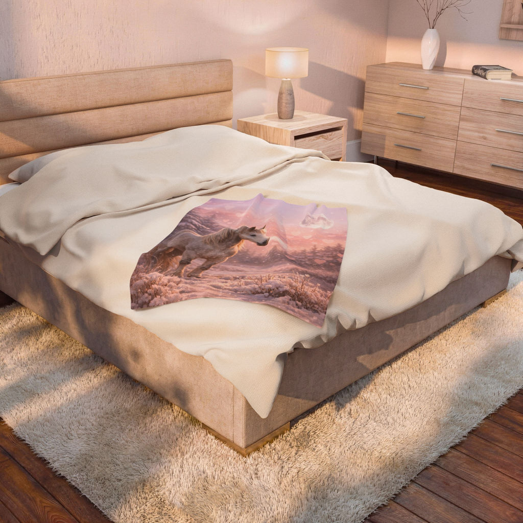 White Horse in Pink Winter Moonlight Blanket | Magical Snowy Forest