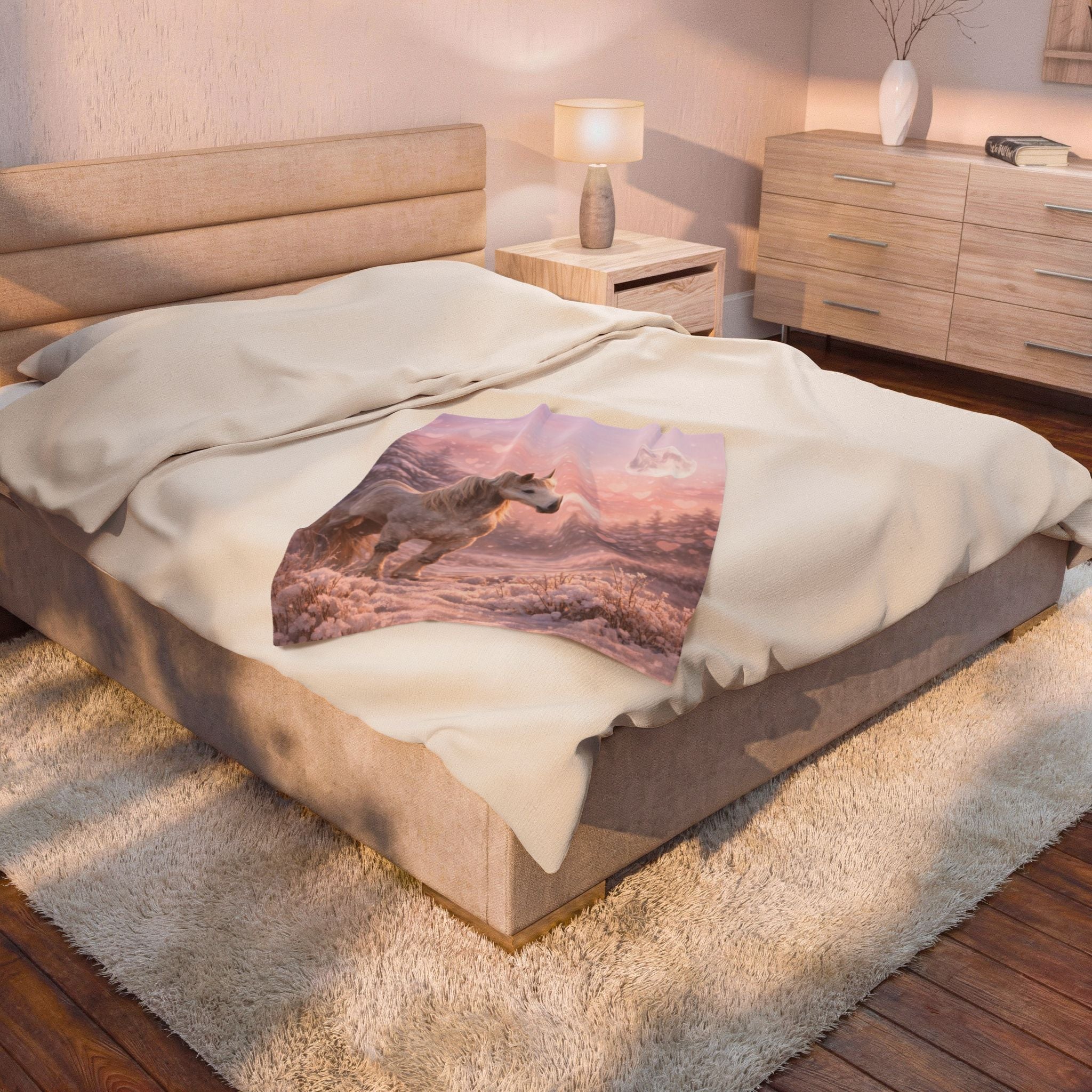 White Horse in Pink Winter Moonlight Blanket | Magical Snowy Forest