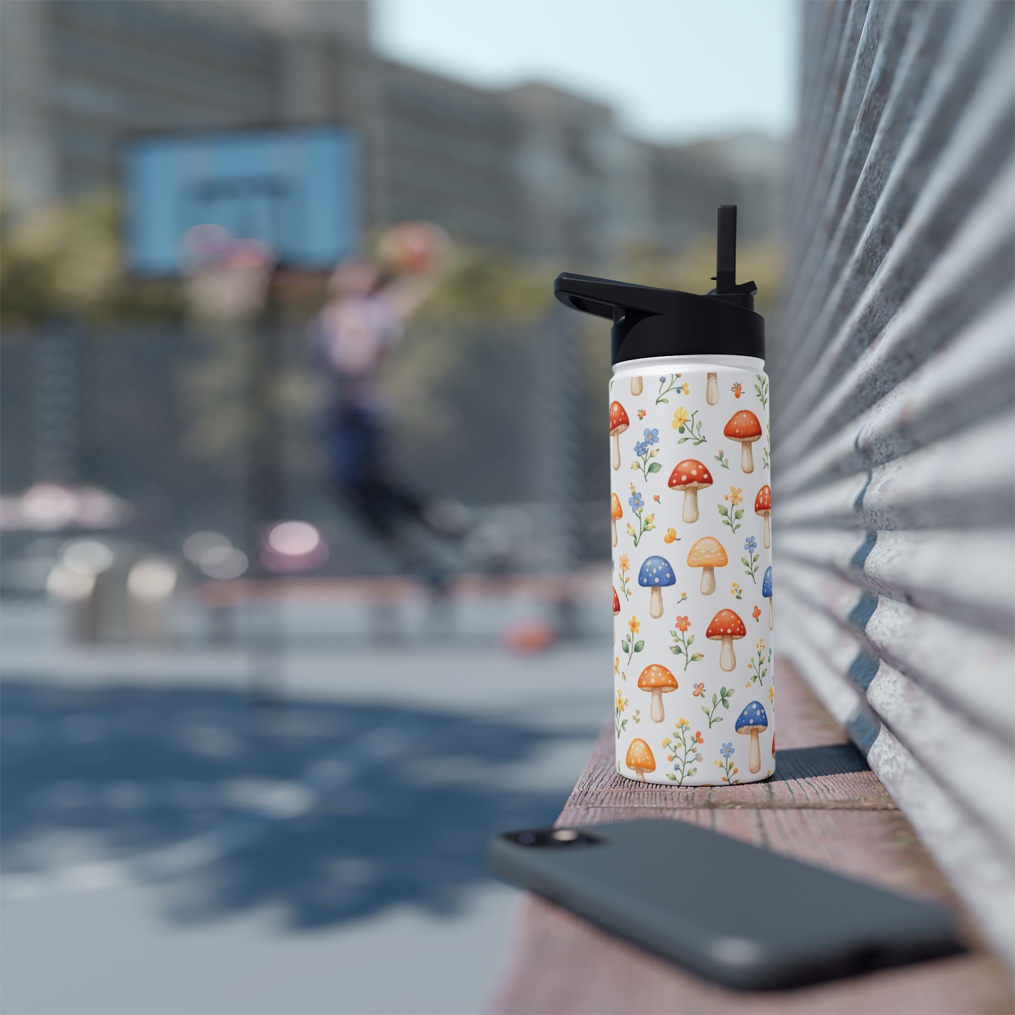 Watercolor Mushroom Pattern Stainless Steel Water Bottle | Floral Doodle