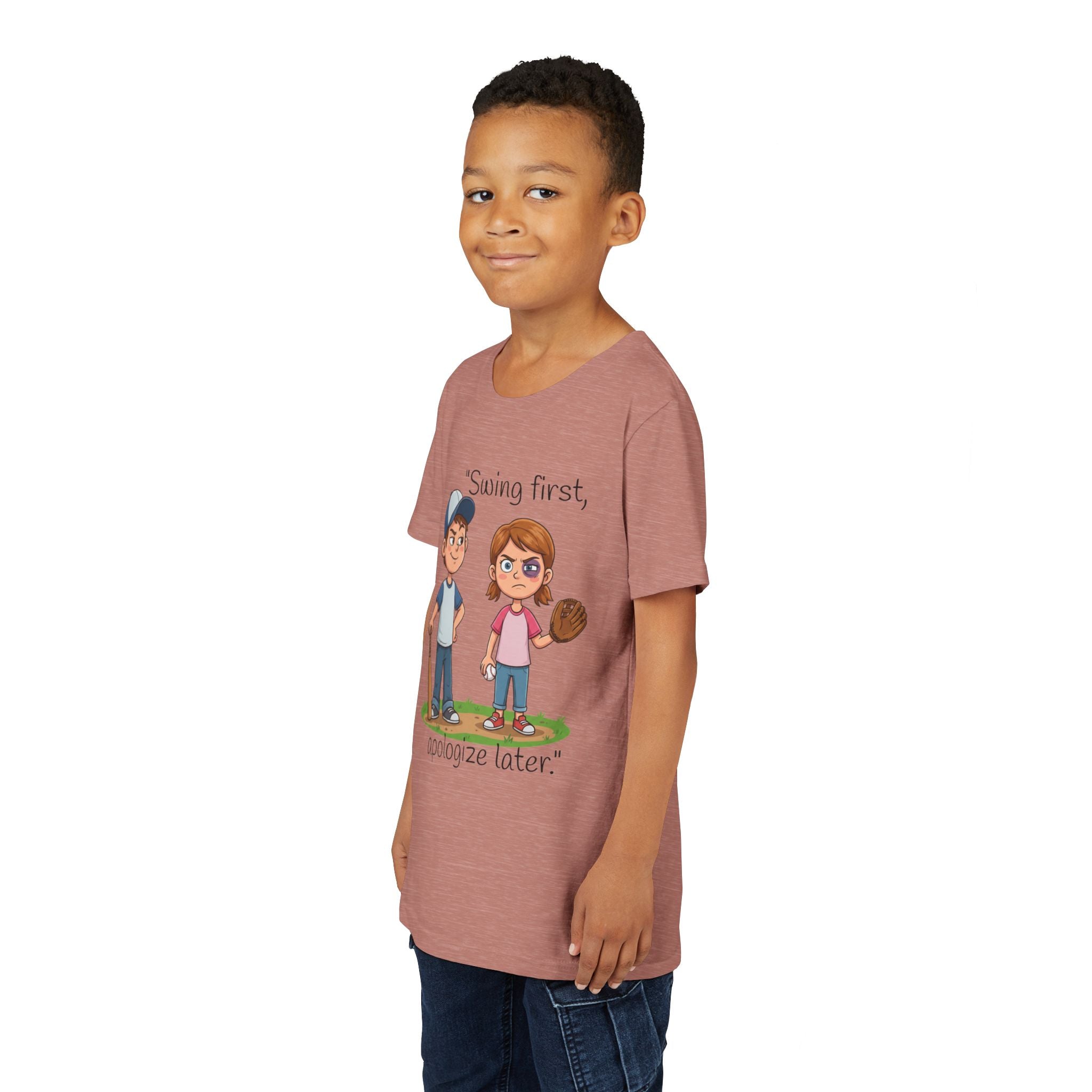 Youth Tee / "Swing First, Apologize Later" Baseball & Softball Kids Shirt