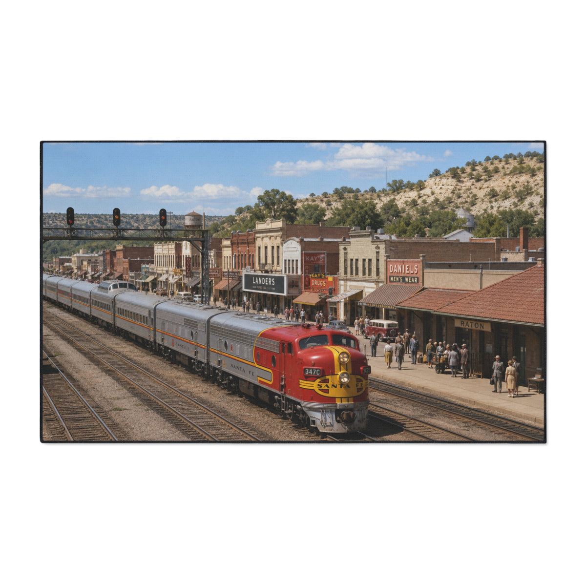 Vintage Streamlined Train Floor Mat | Retro Passenger Locomotive Station Scene