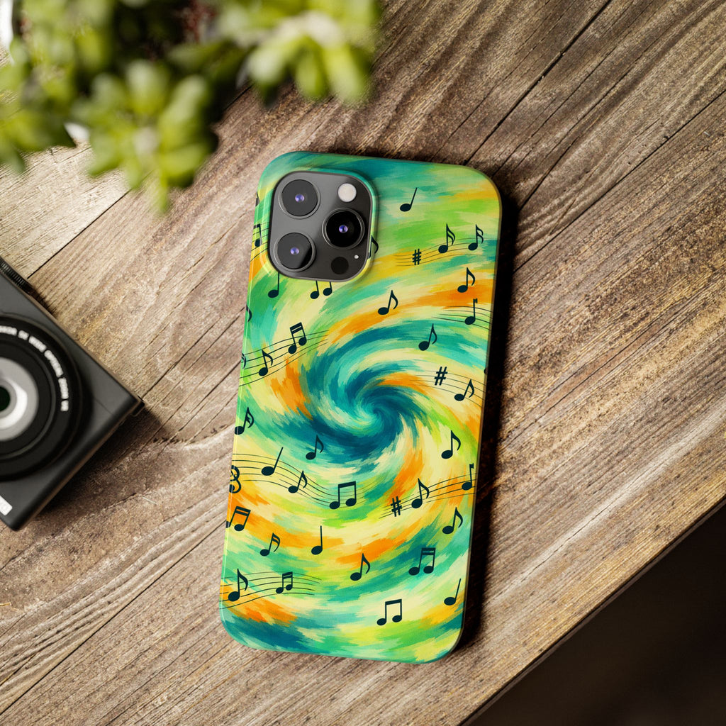 Music Notes Swirl Slim Phone Case | Colorful Turquoise Yellow Galaxy