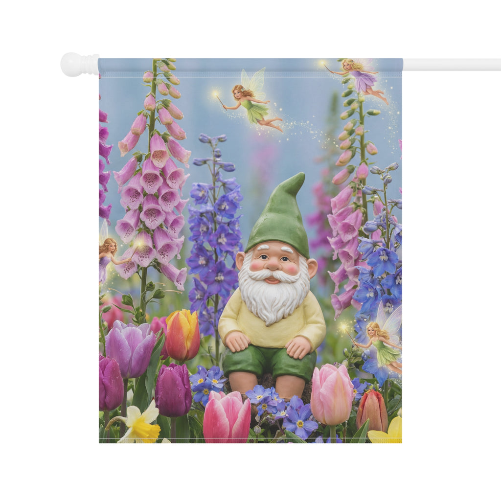 Gnome in Tulip Garden Banner | Garden Flag, Spring Floral Yard Decor