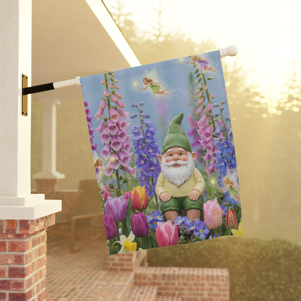 Gnome in Tulip Garden Banner | Garden Flag, Spring Floral Yard Decor