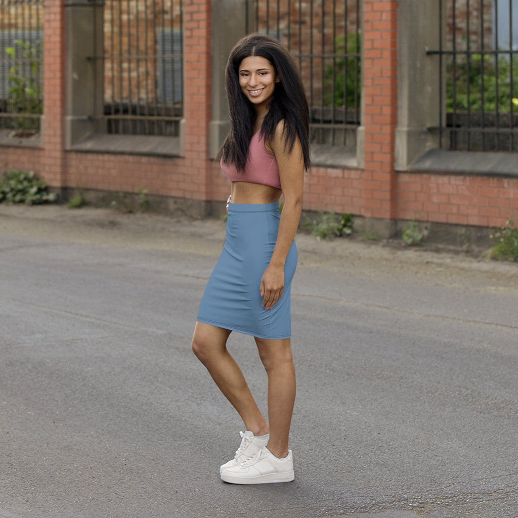 Solid Dusty Blue Pencil Skirt | Mid-Waist Skirt