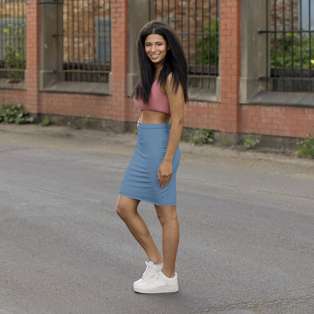 Solid Dusty Blue Pencil Skirt | Mid-Waist Skirt