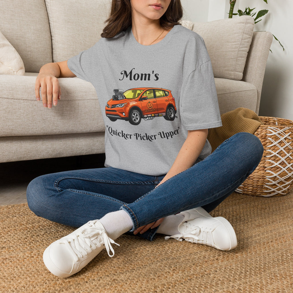 Car Enthusiast T-Shirt — Orange Hot Rod SUV Graphic with “Quicker Picker Upper”