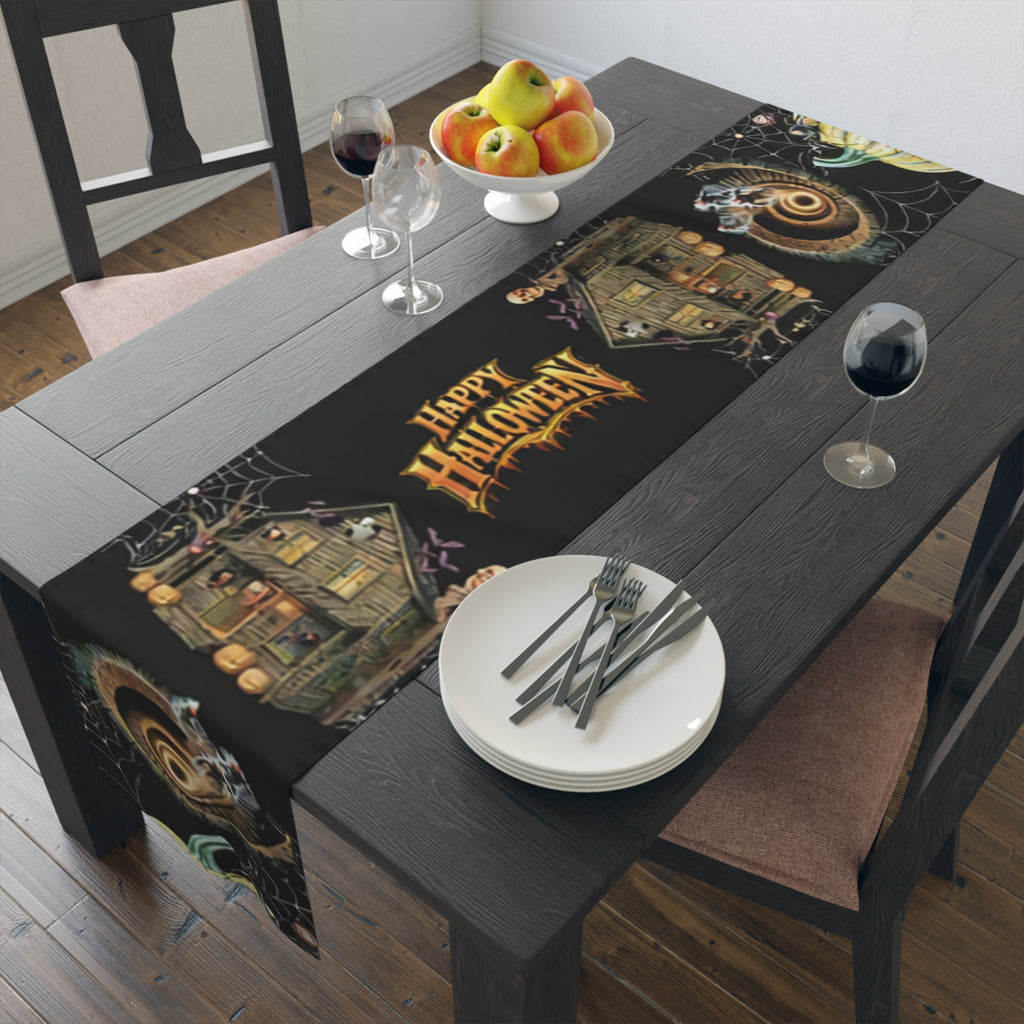 Gothic Haunted House Table Runner | Jack-O'-Lanterns & Cobwebs – Halloween Decor