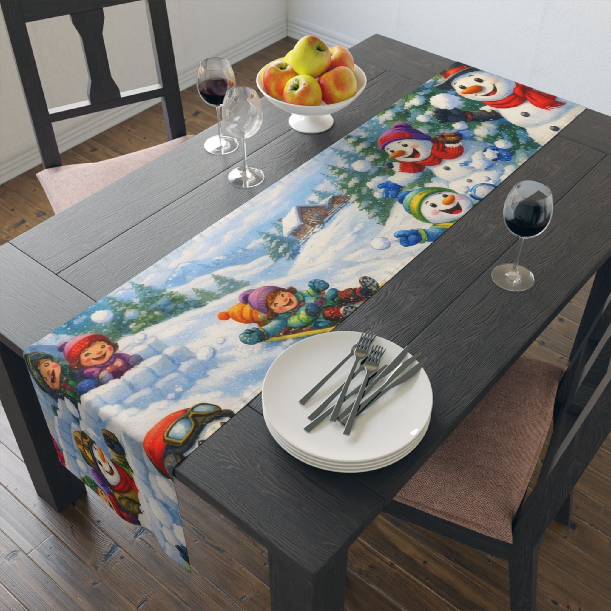 Snowman Winter Scene Table Runner | Holiday Snowball Fight