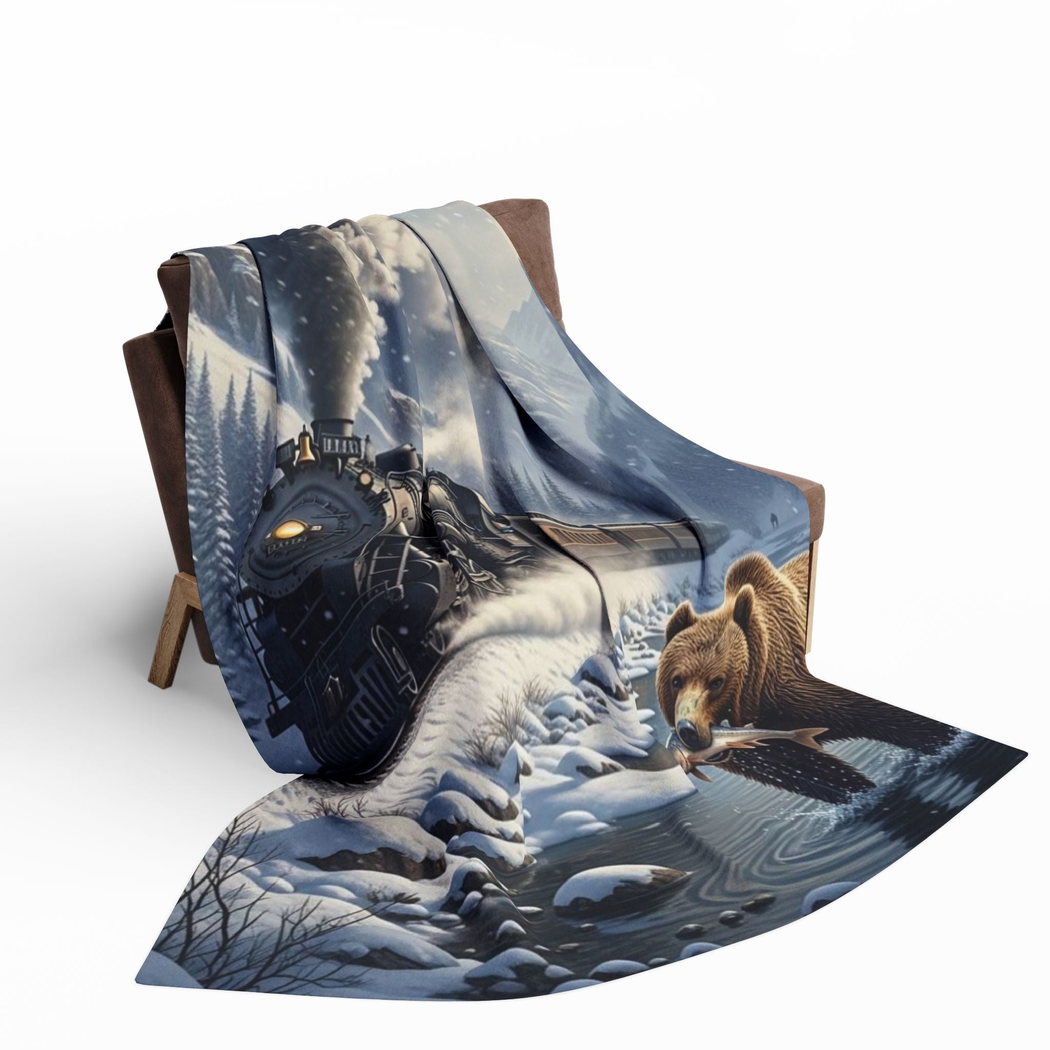 Bear Catching Salmon, Fleece Blanket | Steam Train Winter Landscape