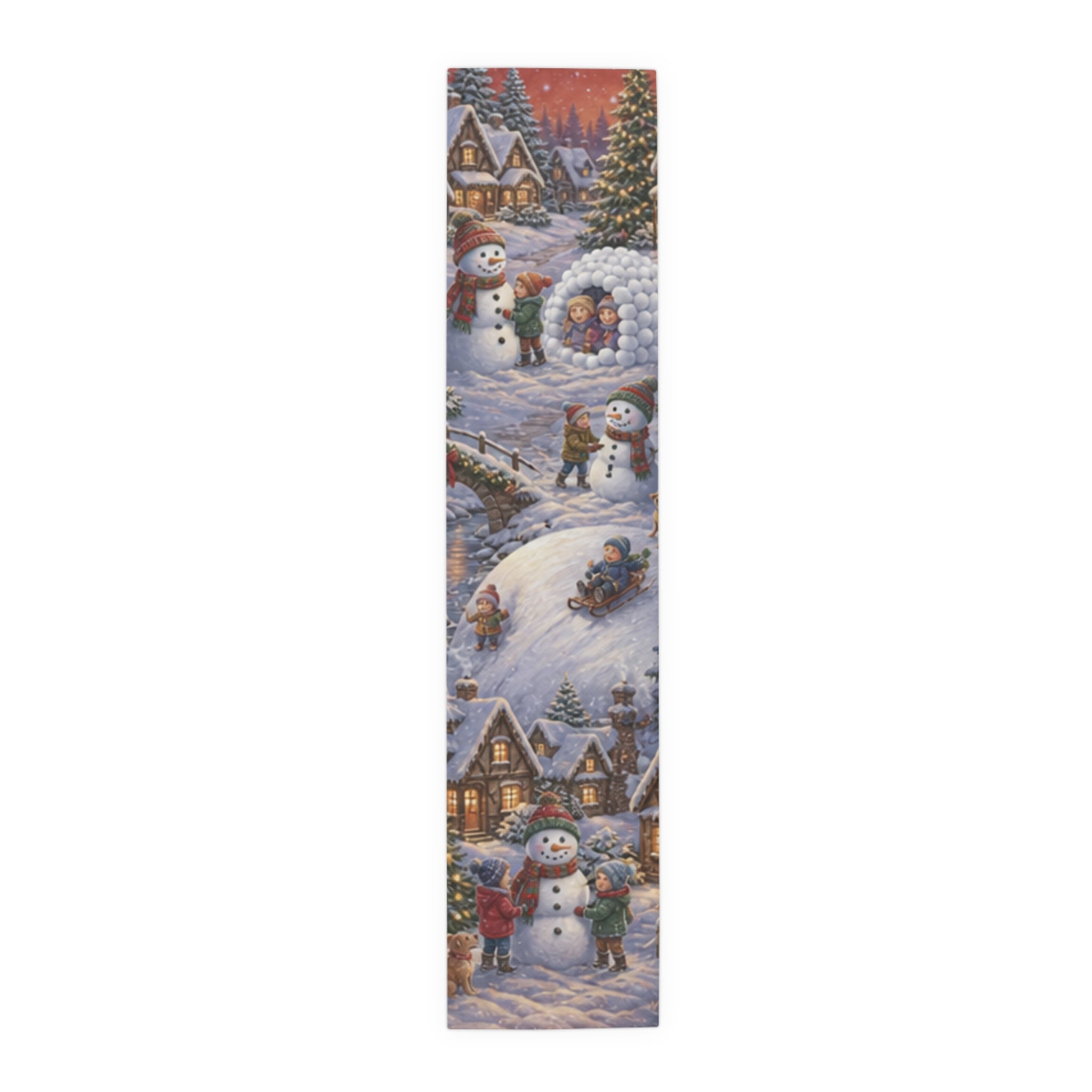 Storybook Snowman Village Table Runner, Winter Wonderland Cotton Poly