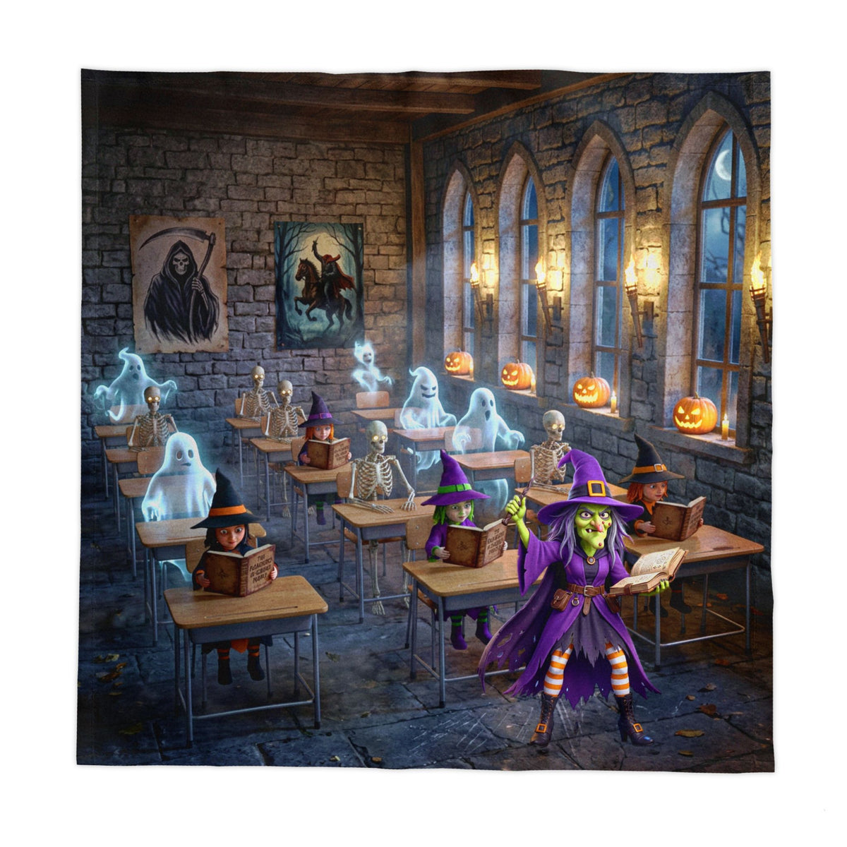 Ghostly Classroom Tablecloth | Witch Teacher, Ghosts & Skeletons – Halloween Table Decor