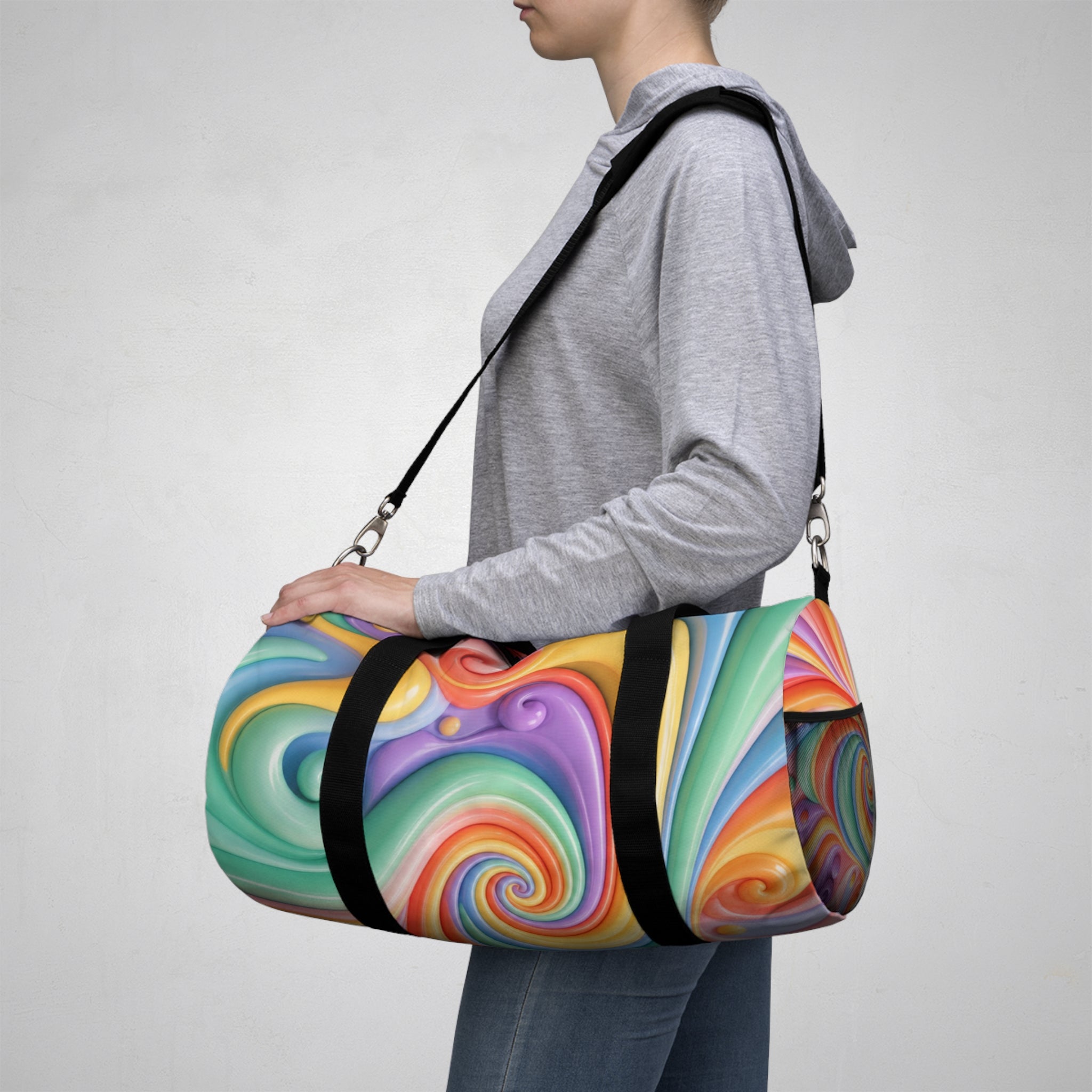 Colorful Swirl Duffel Bag — Retro Rainbow Travel & Gym Bag