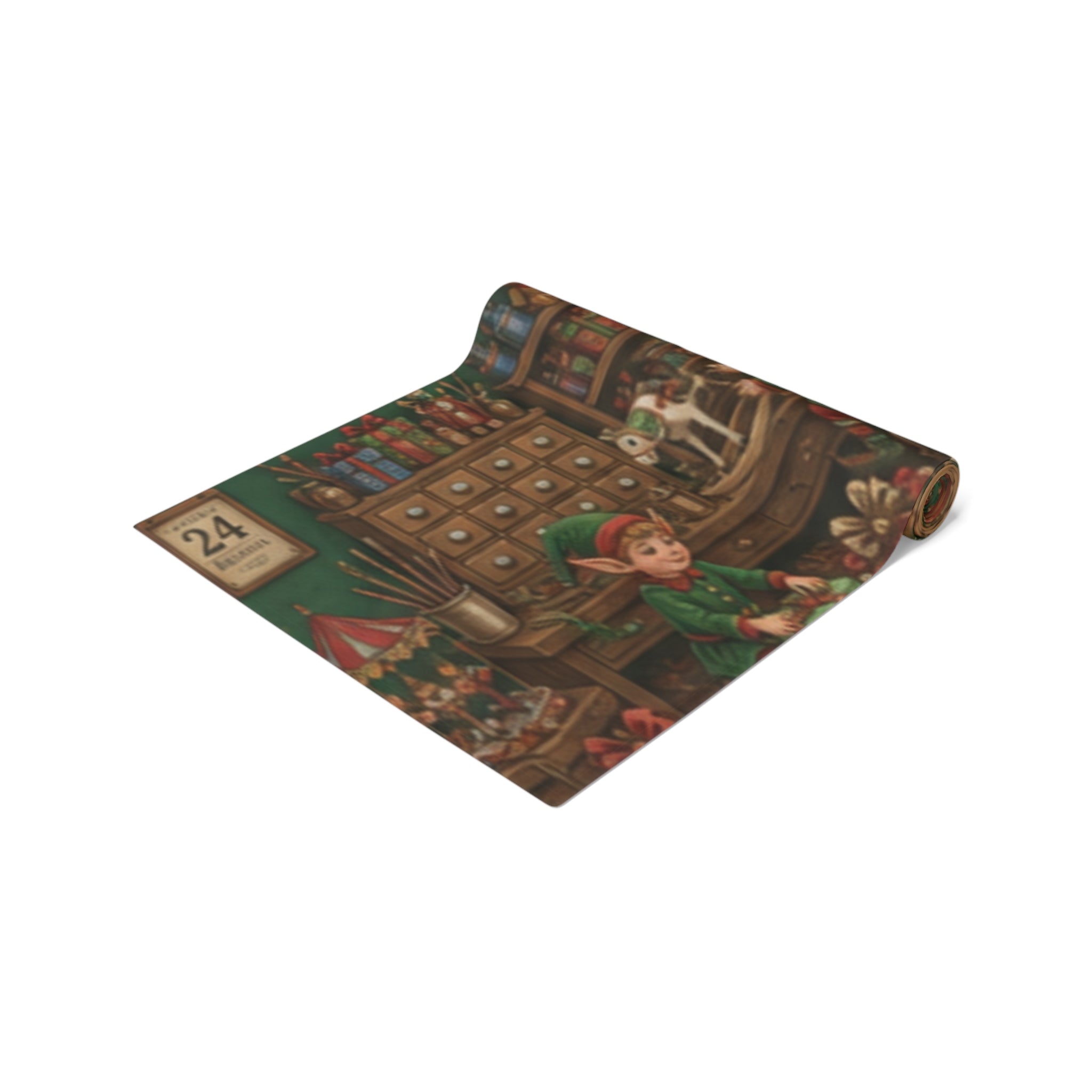 Santas Workshop Scene Table Runner | Santa, Elves & Reindeer Holiday Decor