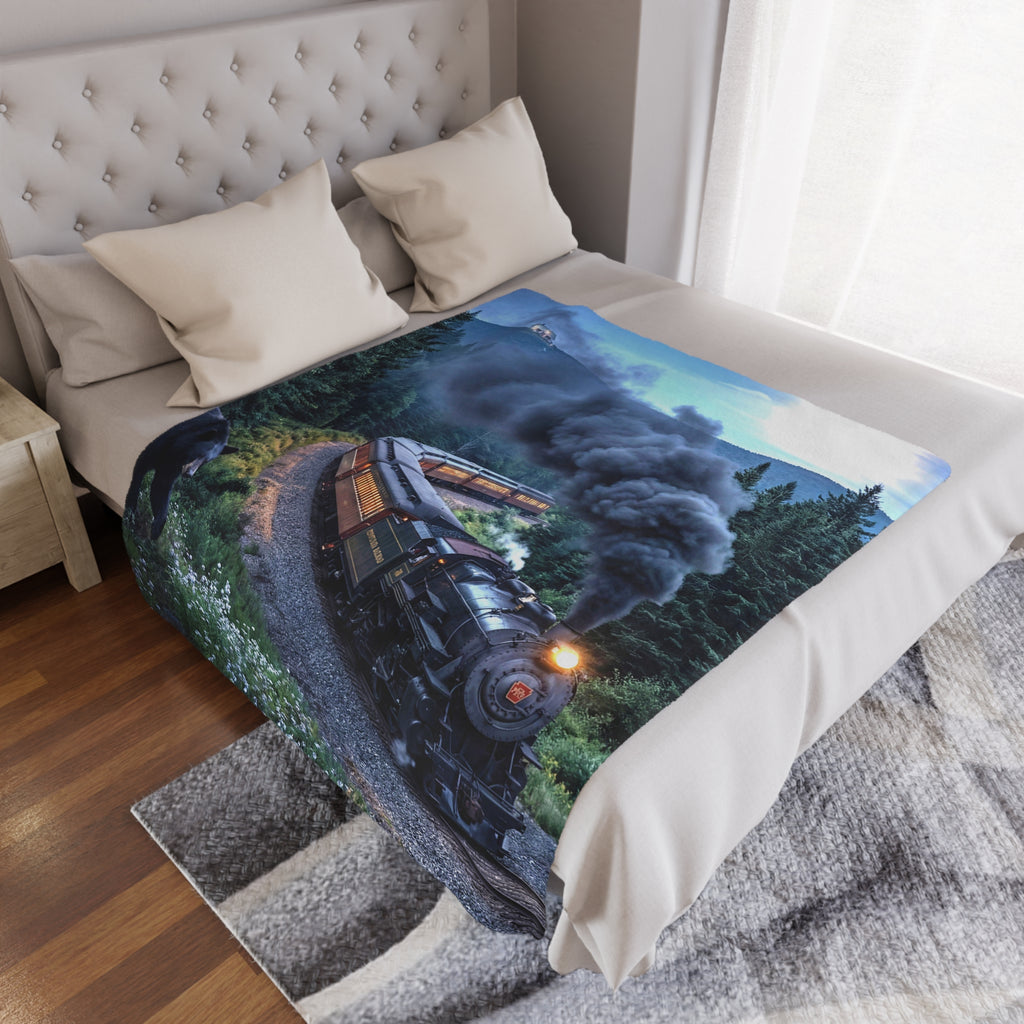 Vintage Steam Train Minky Blanket / Scenic Locomotive