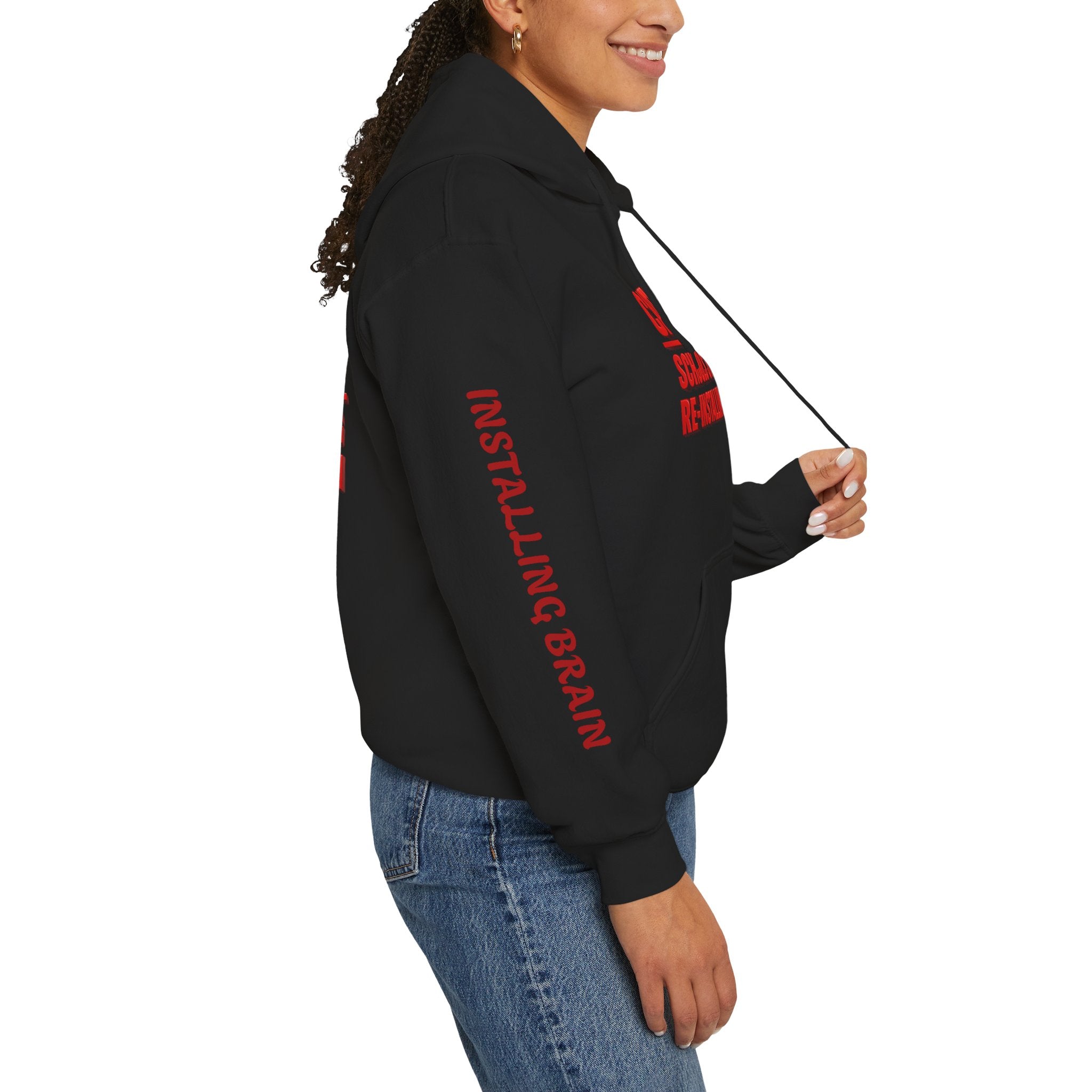 Hoodie — "CAUTION: Schools Starting, Re-Installing Brain" Back-to-School Graphic Hoodie