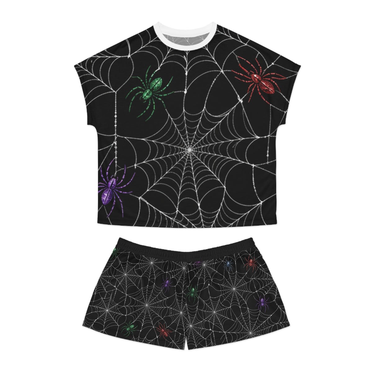 Colorful Spiders on Webs Pajama Set | Short Pajama Set