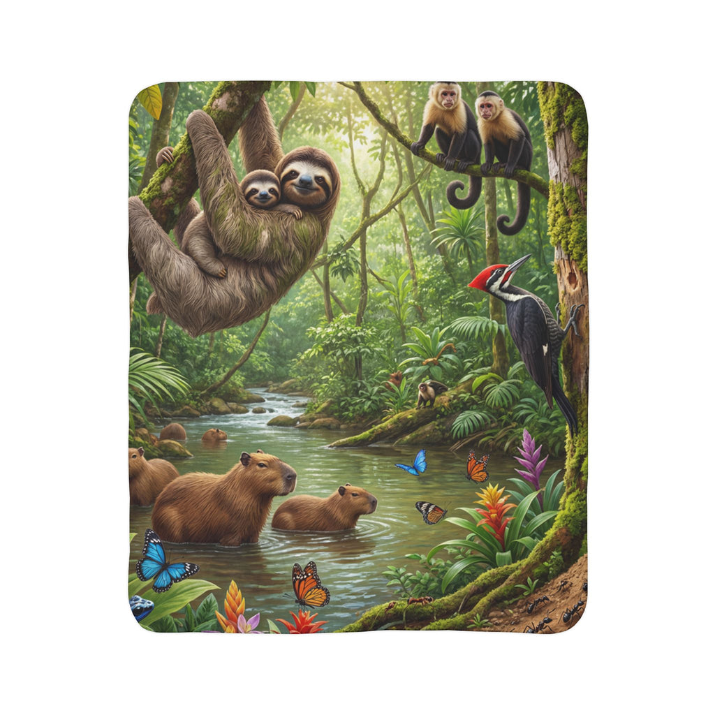 Sloth Jungle Fleece Sherpa Blanket / Tropical Rainforest Animal Cozy Throw