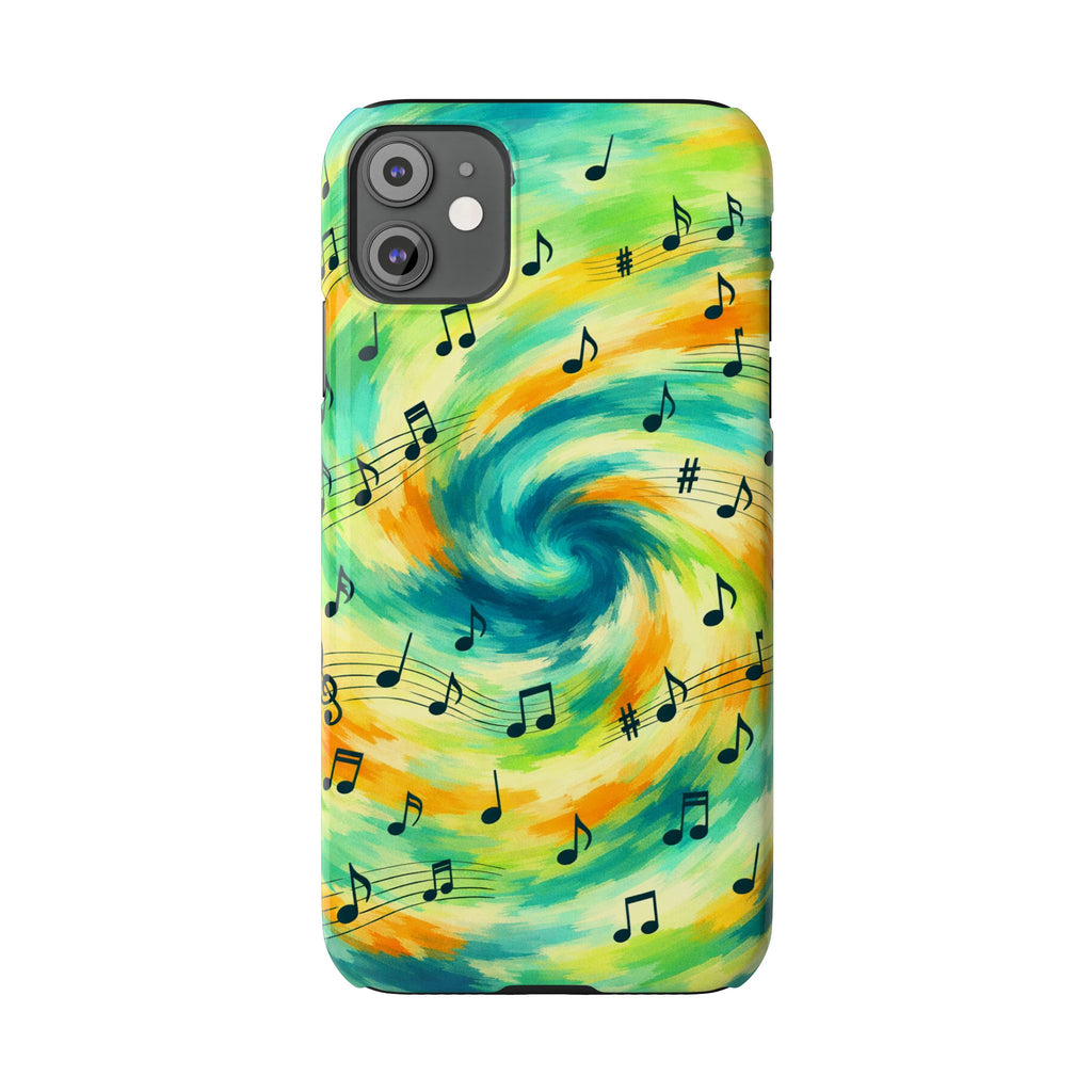 Music Notes Swirl Slim Phone Case | Colorful Turquoise Yellow Galaxy