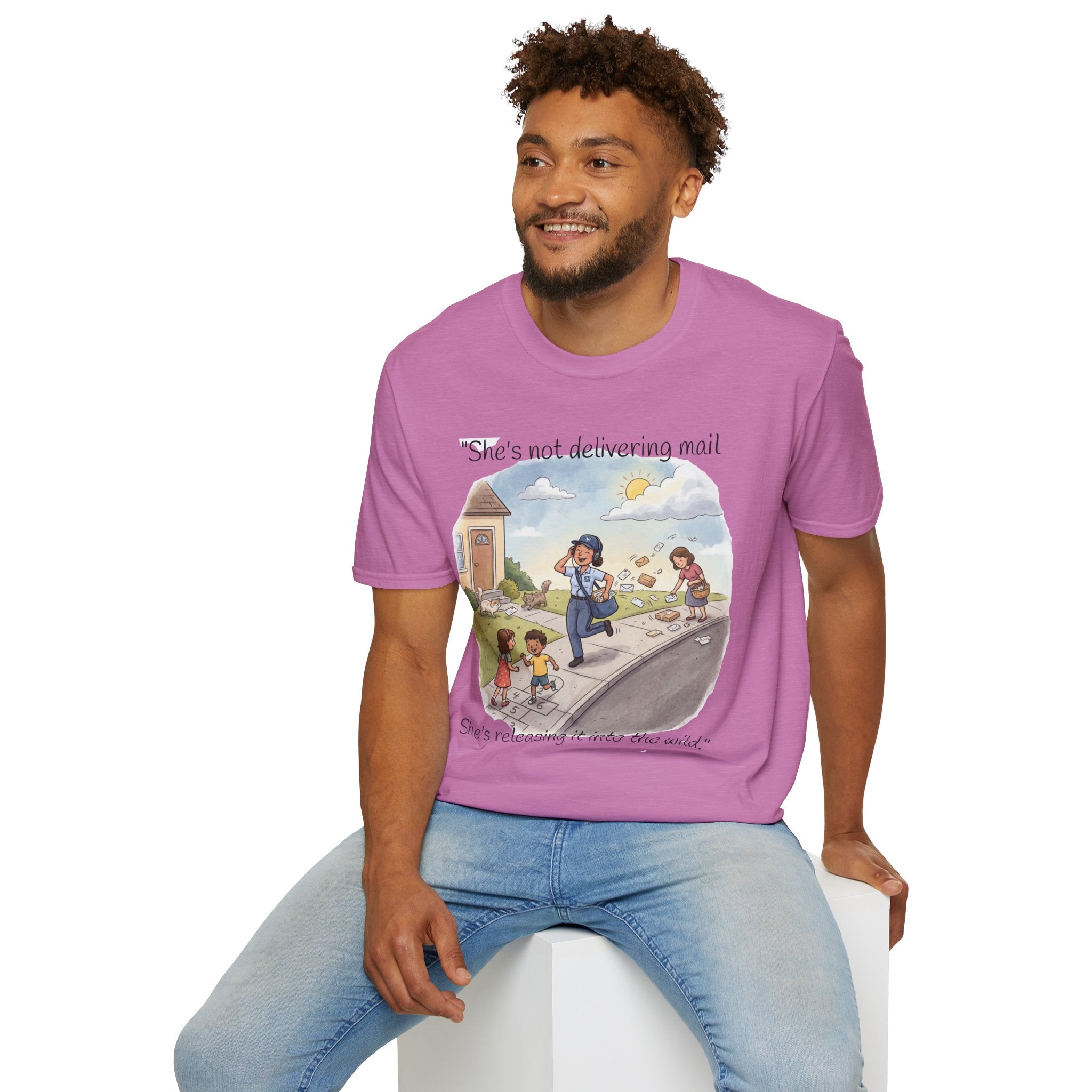 T‑Shirt – "She’s not delivering mail, she’s delivering a little wind" Cute Postal Worker Illustration Tee
