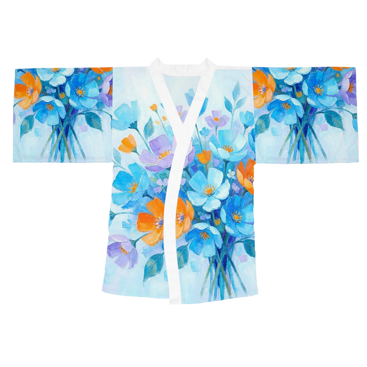 Blue & Orange Floral Kimono Robe - Watercolor Flowers